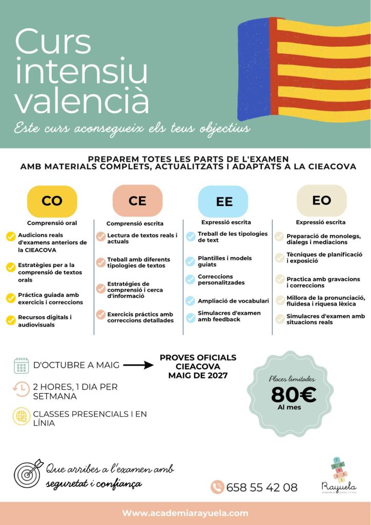 Curso intensivo de Valenciano C1 Mitjà en San Juan de Alicante – Academia Rayuela. Preparación de exámenes CIEACOVA 2027, presencial y online.